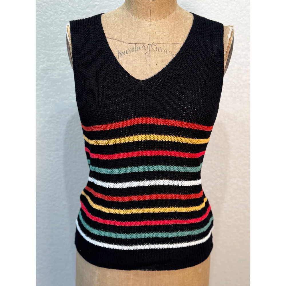 Fatefull Women Medium Black Striped Knit Sleeveless Top V Neck‎ Colorful NWOT
